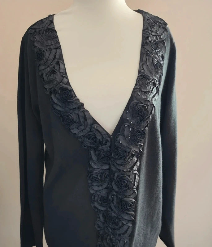 Per Una Women's Black Sequin Floral Ribbon Trim Hook-Closure Cardigan Size 20