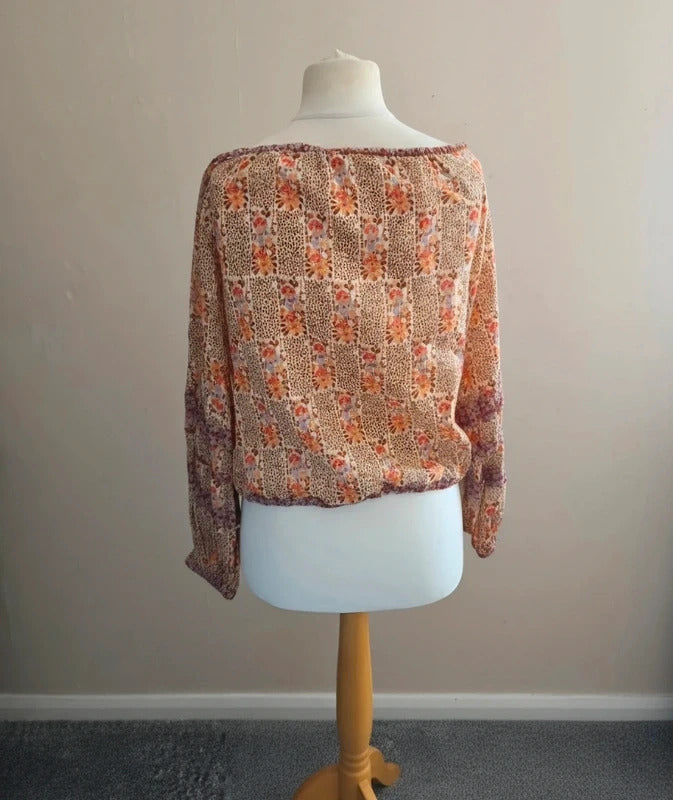 Next Orange & Brown Floral Tie-Hem Boho Blouse Size 14