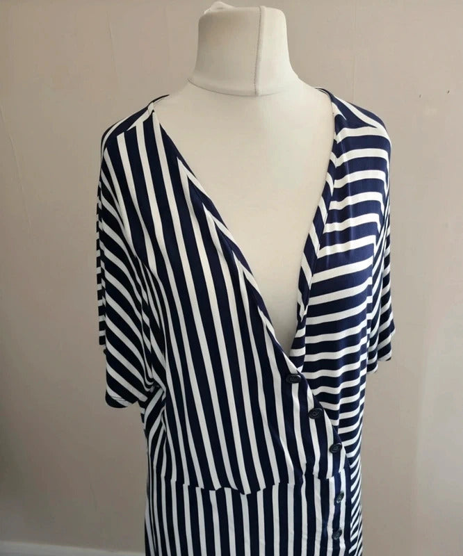 Oasis Navy & White Striped V-Neck Button Front Midi-Maxi Dress XL Size 16-18