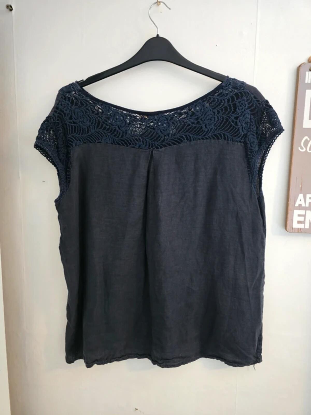 Ambra Navy Linen Crochet Detail Relaxed Top L Size  16-18