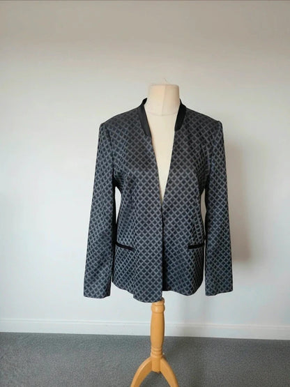South Black & Grey Geometric Pattern Collarless Blazer Jacket Size 18