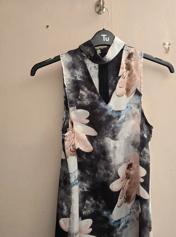 Parisian Collection Metallic Black Grey & Pink Choker Neck Mini Dress Size 8