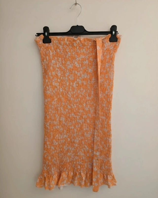Orange White Floral Shirred Mini Dress Size 8 Small Bodycon Tie Straps