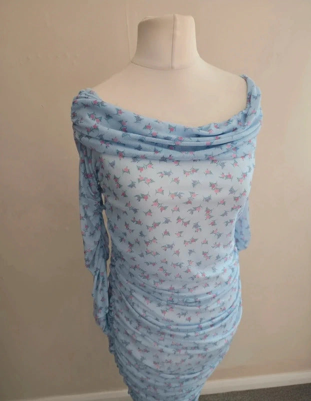 Boohoo Light Blue Floral Off The Shoulder Midi Dress Size 12