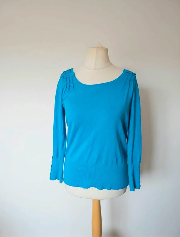 Roman Bright Blue Lightweight Knit Jumper Size 14 Button Detail Long Sleeve