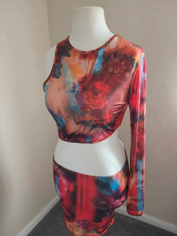 EGO Multicoloured Abstract Cut-Out Bodycon Mini Dress Size 12 One Sleeve BNWT