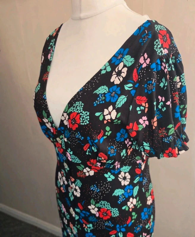 Next Black Multicoloured Floral Button Up Frill Hem Midi Dress Size 12