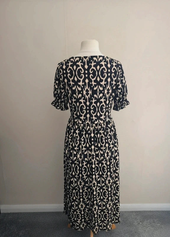 F&F Brown & Black Patterned V-Neck Fit & Flare Midi Dress Size 12-14