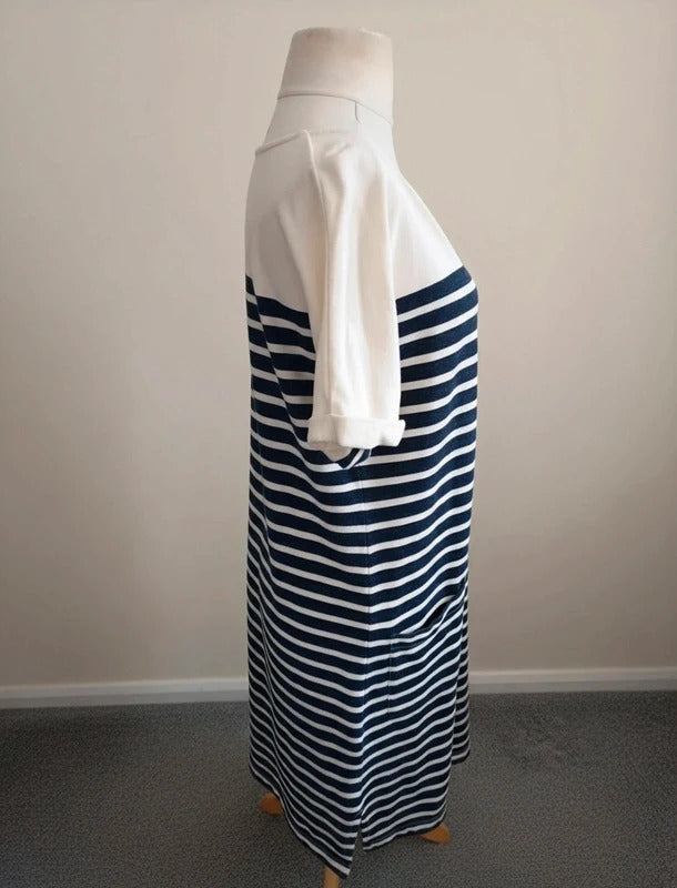 White Stuff Women's Cream & Navy Striped Short-Sleeve Cotton Midi Dress Size 12