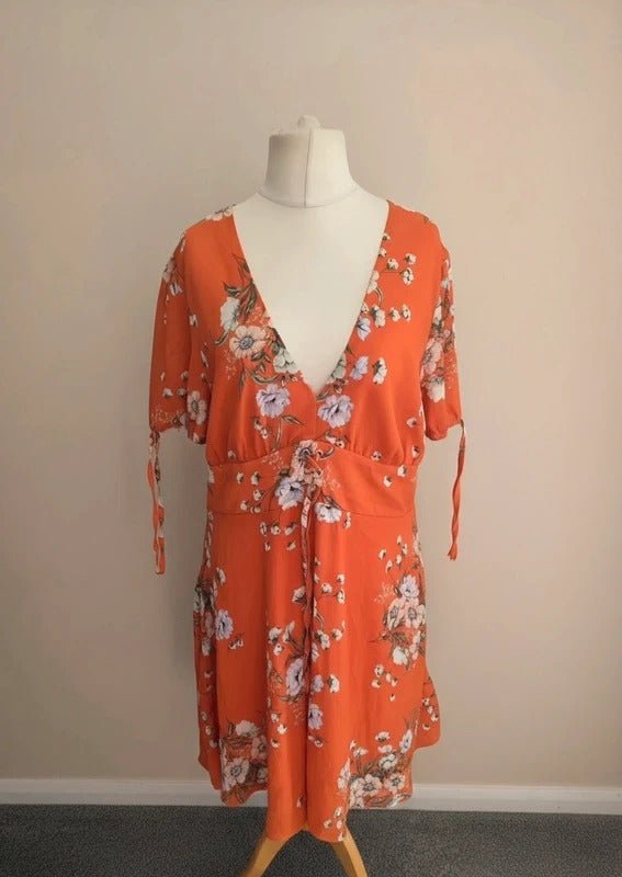 New Look Orange Floral V-Neck Corset Front Midi Dress - Size 16