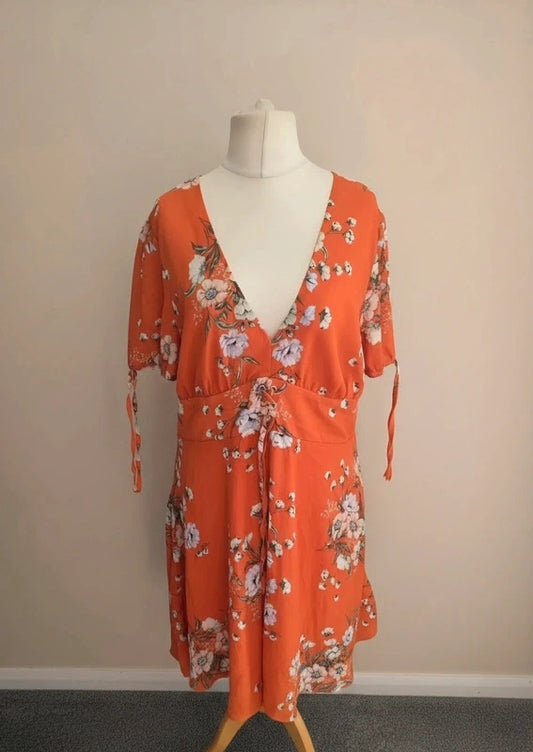 New Look Orange Floral V-Neck Corset Front Midi Dress - Size 16