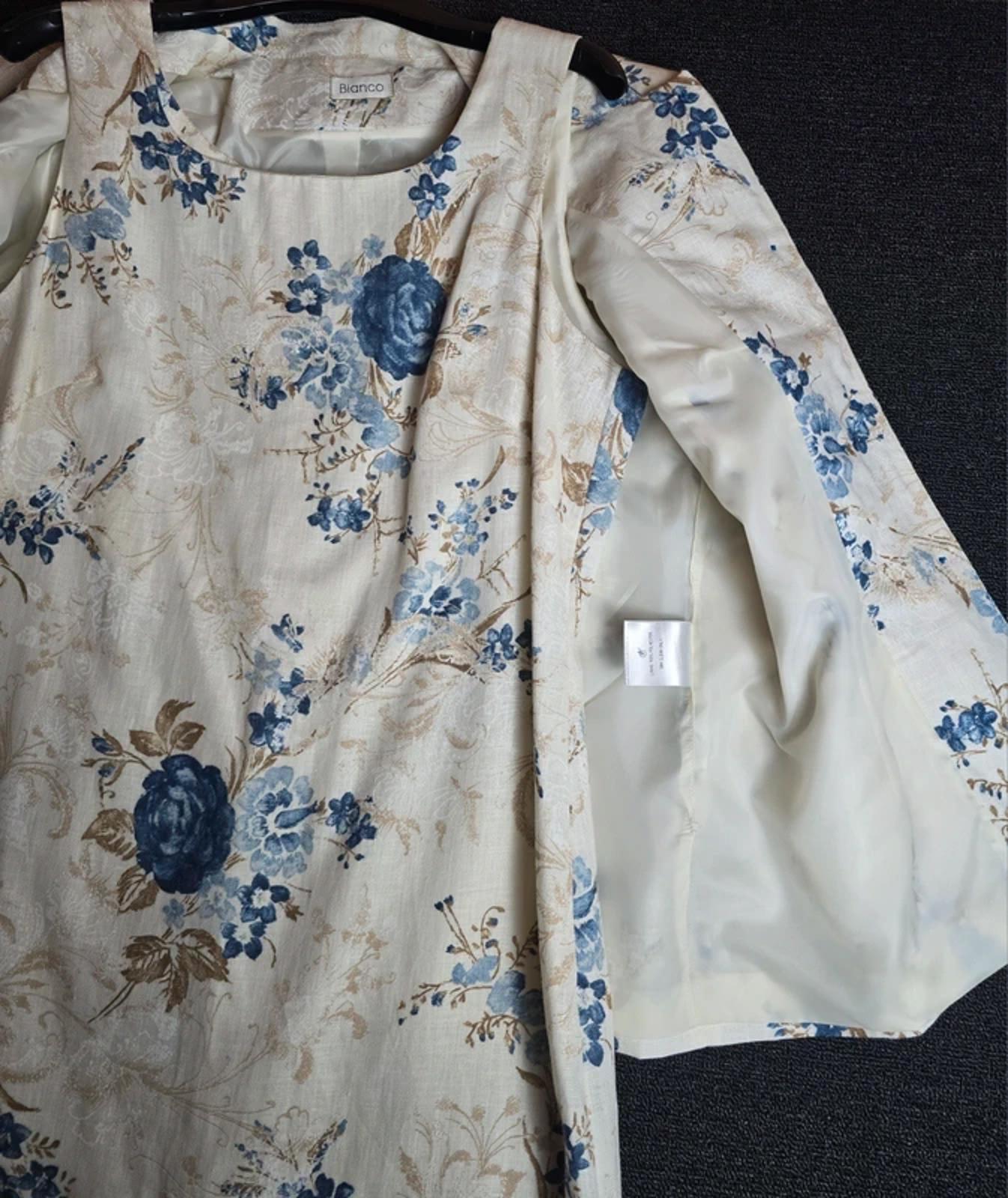 Bianco Mother of the Bride/Groom Cream Blue Floral Linen Dress & Blazer Set  Size 14