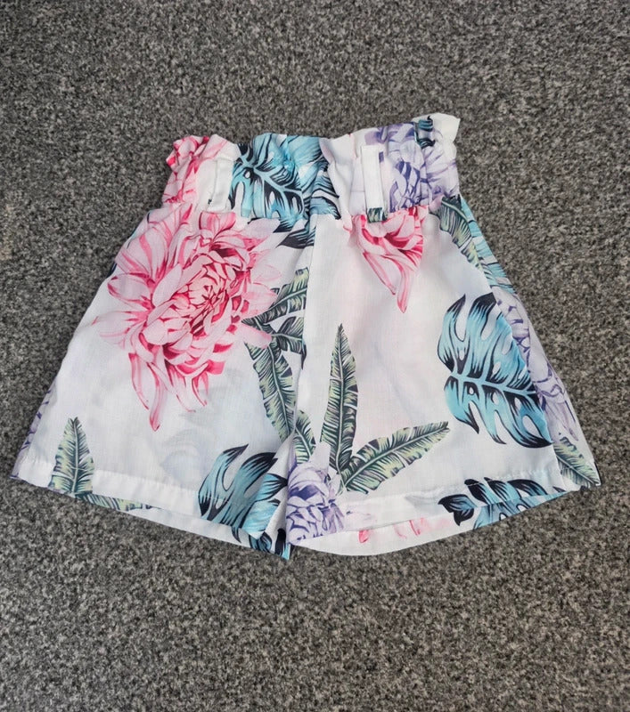 Girls White Tropical Floral & Palm Print Paperbag Flared Shorts Age 3 Years