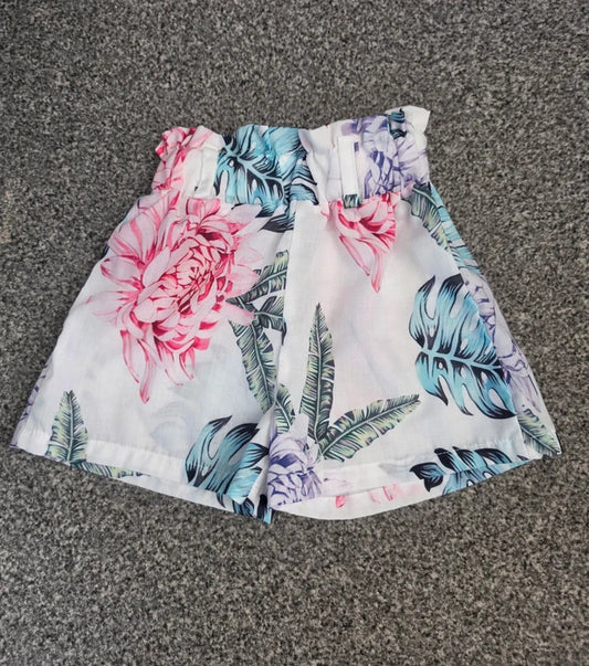 Girls White Tropical Floral & Palm Print Paperbag Flared Shorts Age 3 Years