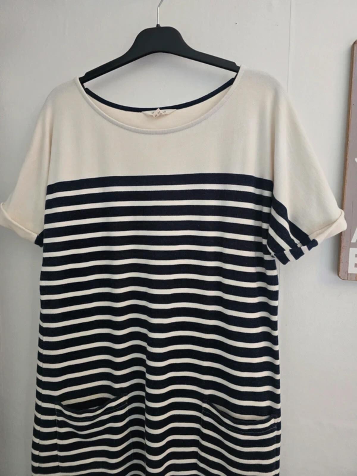 White Stuff Cream & Navy Striped Short Sleeved Midi Dress - Size 12