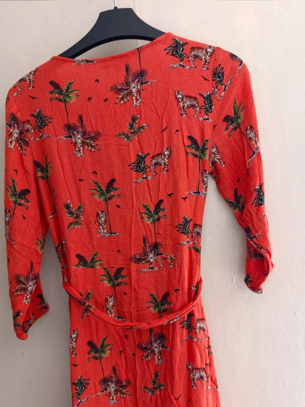 F&F Orange Tiger Print 3/4 Sleeve Button Front Belted Mini Dress Size 6