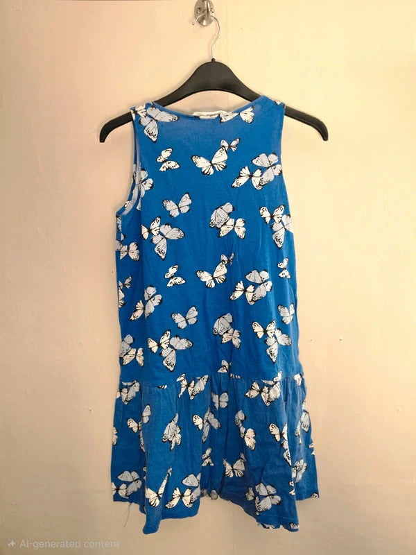 H&M Girls Royal Blue & White Butterfly Print Sleeveless Drop-Waist Dress Age 8-10 Years