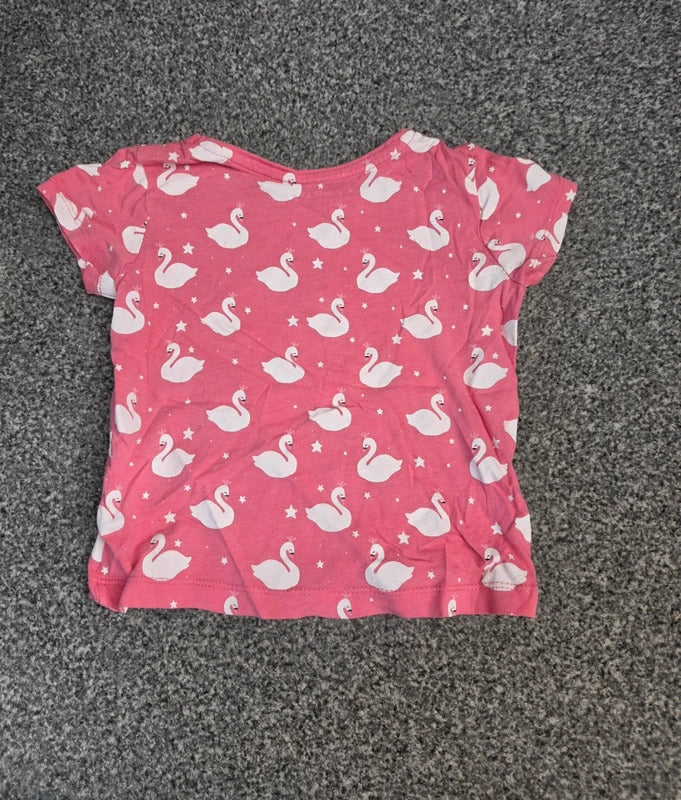 Primark Girls Bright Pink & White All-Over Swan & Star Print Cotton T-Shirt Age 2-3 Years