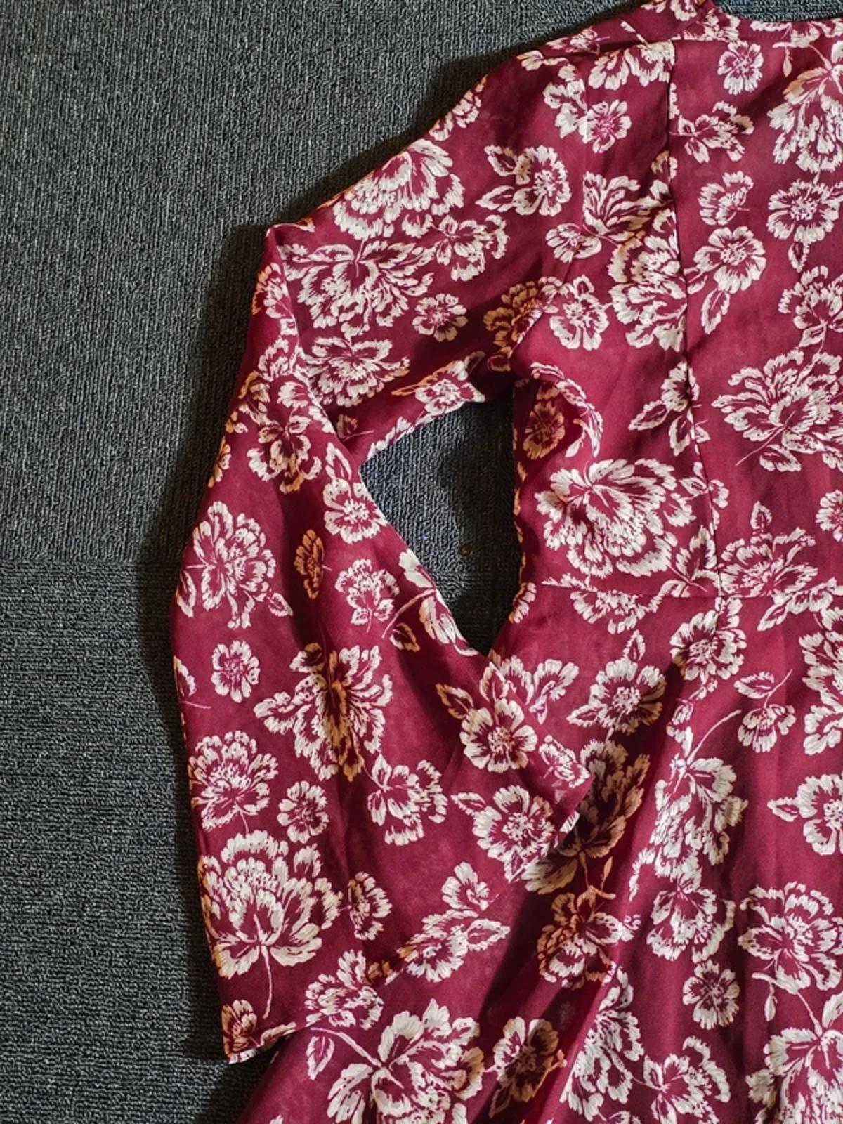 Brave Soul Burgundy Floral Boho Dress UK Size 10/12 Belted Flared Sleeves