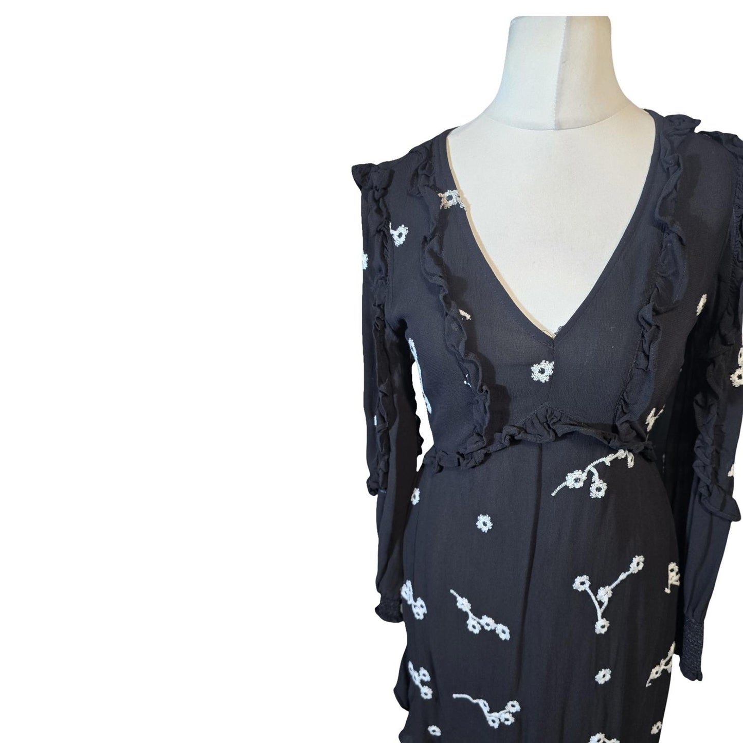 River Island Black & White Floral Frill Midi Dress – Size 8