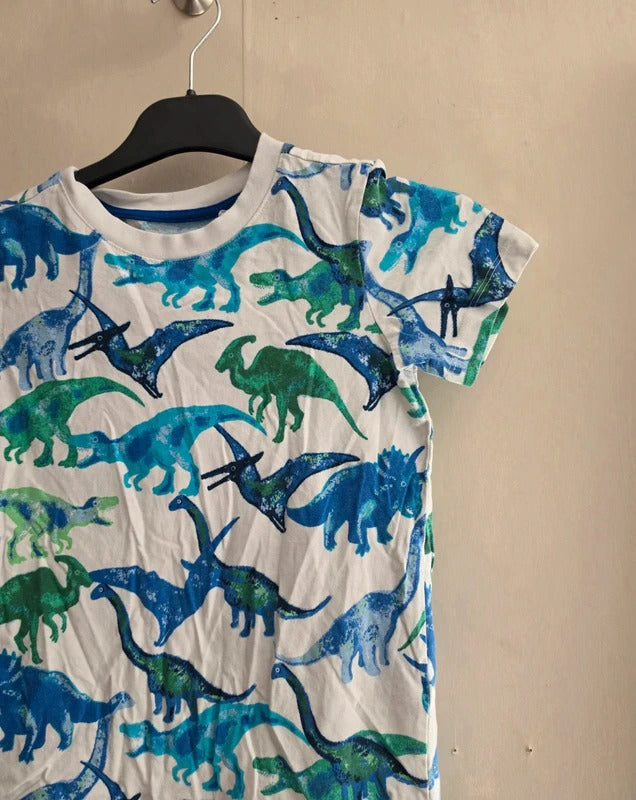 Nutmeg Boys White Blue & Green Dinosaur Print Cotton T-Shirt Age 6-7 Yrs