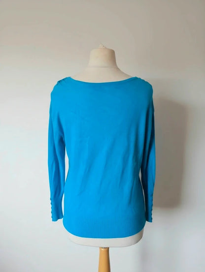 Roman Bright Blue Lightweight Knit Jumper Size 14 Button Detail Long Sleeve