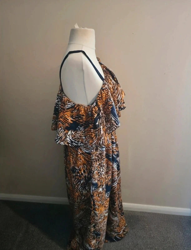 Pep & Co Orange & Navy Floral One Shoulder Slit Flared Maxi Dress Size 16 NWT