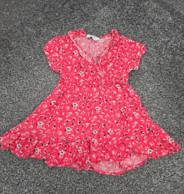 Primark Girls Bright Pink Ditsy Floral Frill Wrap Summer Dress Age 12-18 Months