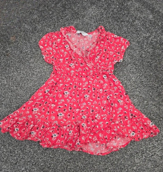 Primark Girls Bright Pink Ditsy Floral Frill Wrap Summer Dress Age 12-18 Months