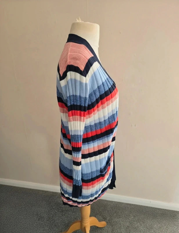Matalan Blue Red & White Striped Knitted Midi Cardigan Size Medium Size 12-14