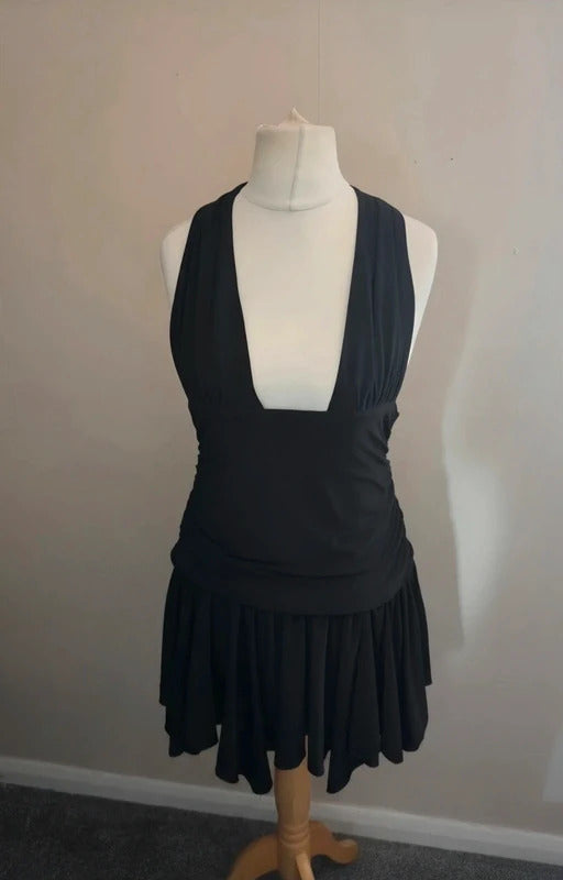Bershka Black Y2K Ruched Halterneck Bodycon Mini Dress L Size 12