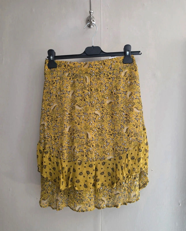 M&S Yellow & Black Floral Layered Mini Skirt Size 10 Lined Frill Hem Boho