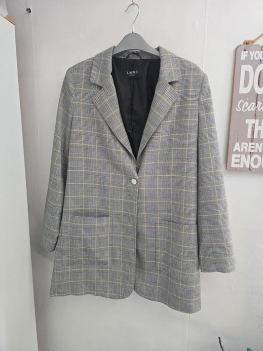 Marks & Spencer Grey & Yellow Checked Oversized Blazer - Size 10