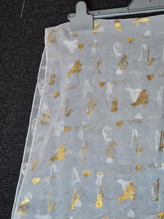 Music print white, gold & silver shawl scarf