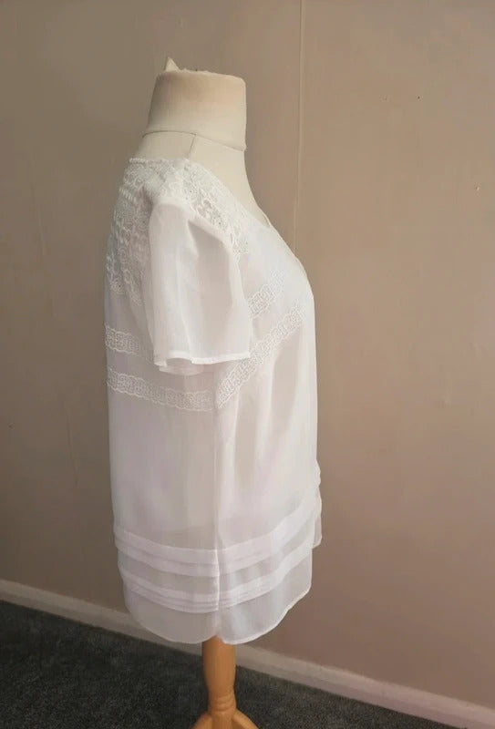 Per Una White Lace Detail Short Sleeved Sheer Blouse Size 14