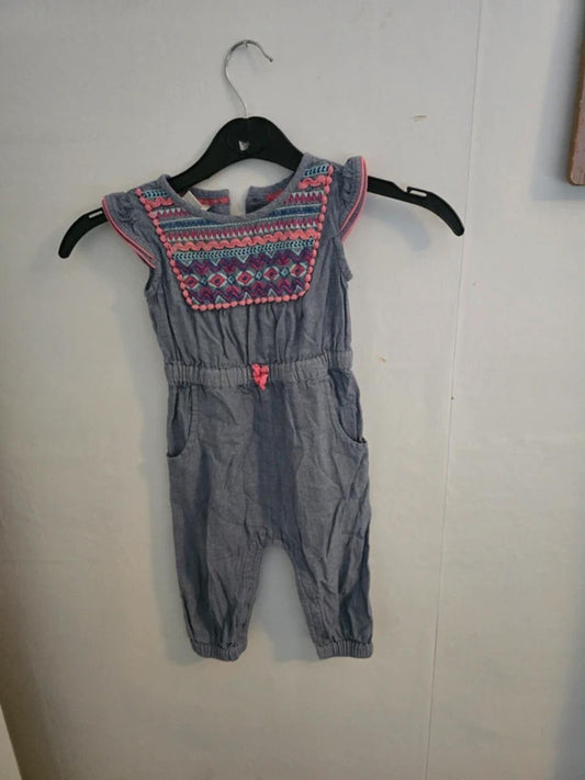 Monsoon Baby Girls Light Blue Denim Embroidered Romper Jumpsuit 6-12 Months.