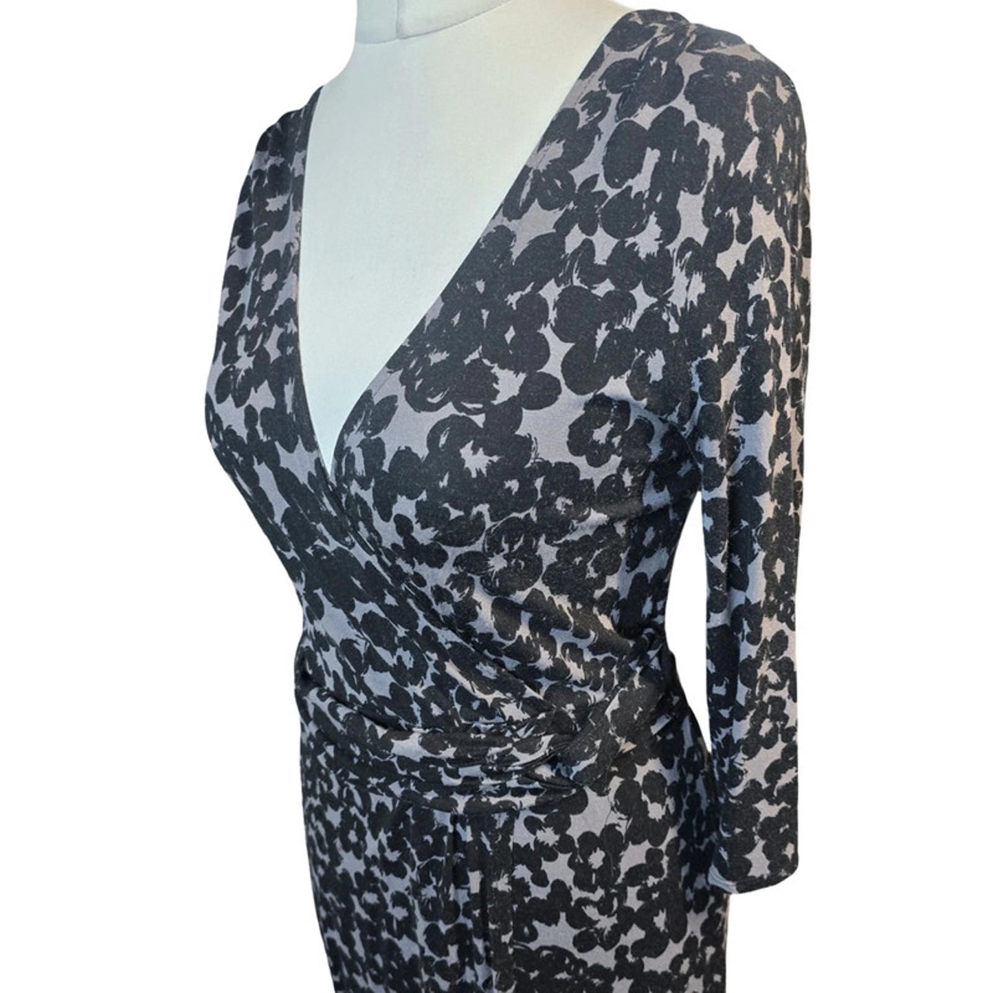 Monsoon Floral Wrap Midi Dress Black & Grey Size 12 Bodycon Smart Causal