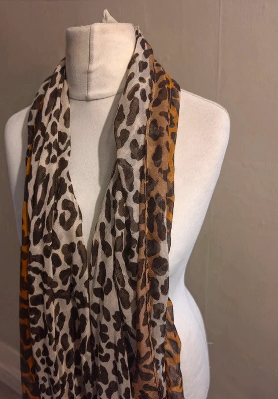 Beige & Brown Leopard Animal Print Lightweight Scarf One Size