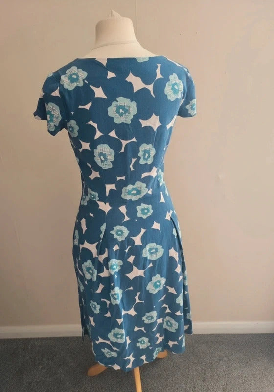 Lily & Me Blue & Green Floral Linen Blend Fit & Flare Midi Dress Size 10