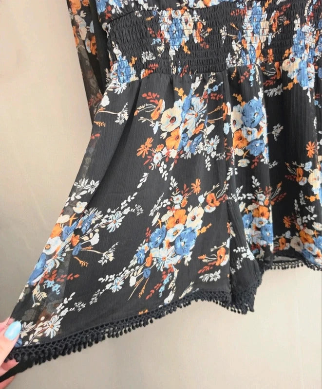 River Island Black Floral Sheer Bell Sleeve Playsuit Size 12