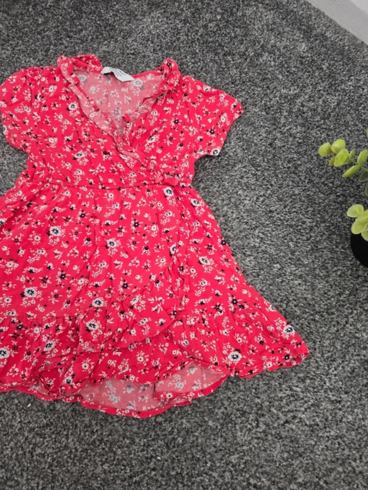 Primark Girls Bright Pink Ditsy Floral Frill Wrap Summer Dress Age 12-18 Months