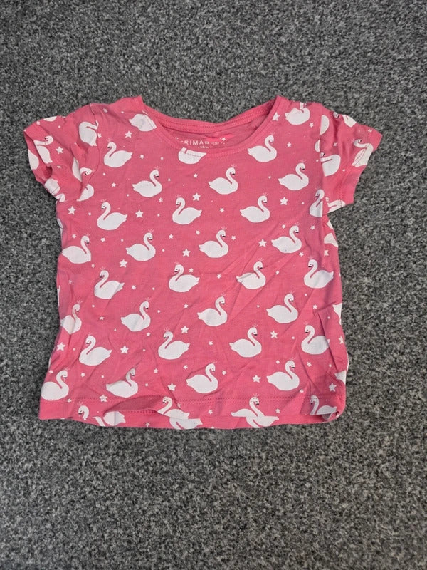 Primark Girls Bright Pink & White All-Over Swan & Star Print Cotton T-Shirt Age 2-3 Years