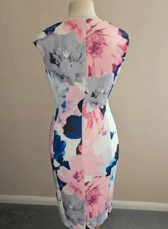 Roman Pink White & Navy Floral Bodycon Midi Dress Size 10