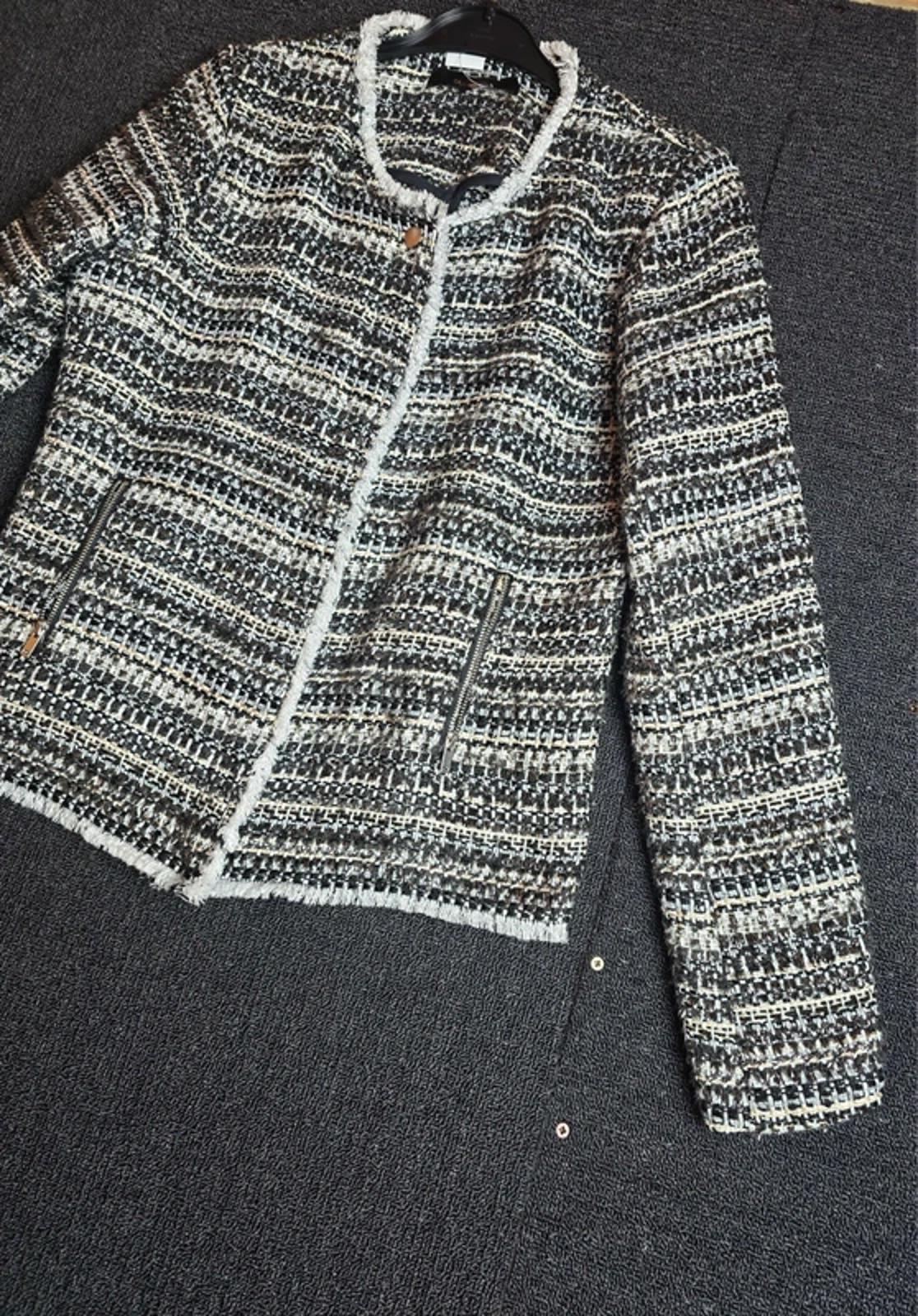 Next Tailoring Tweed Blazer Size 10 Black White Silver Frayed Trim Zip Front