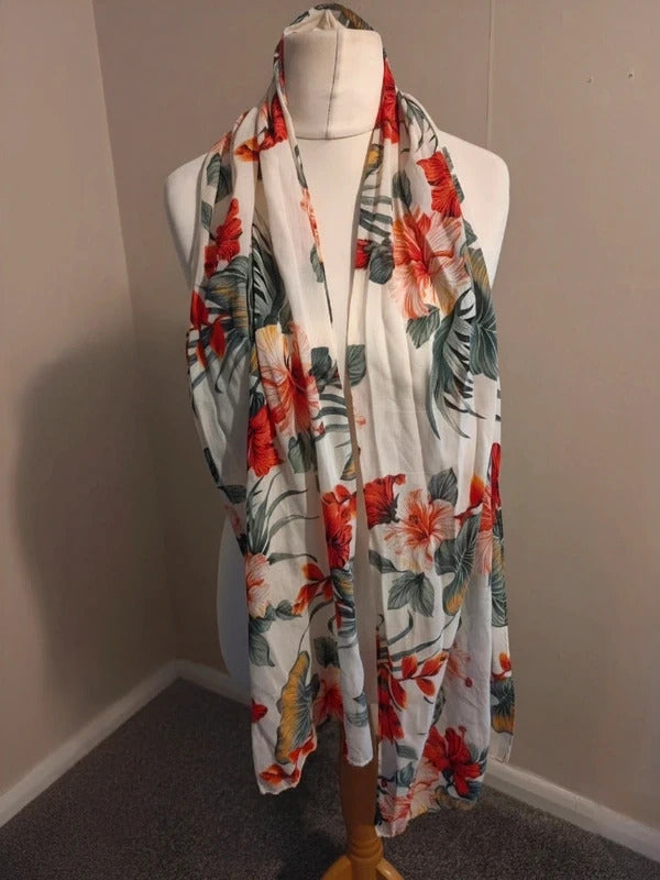 White Floral Tropical Print Lightweight Scarf One Size