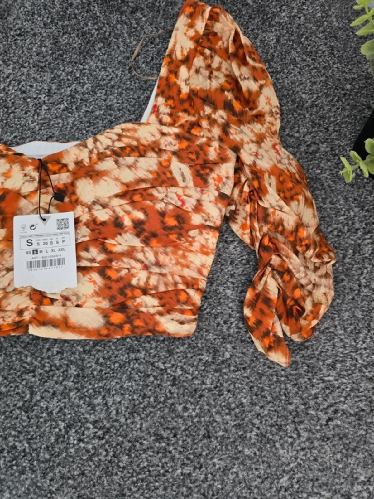 Zara Orange Patterned Ruched Crop Top Size S Fits Size 8-10