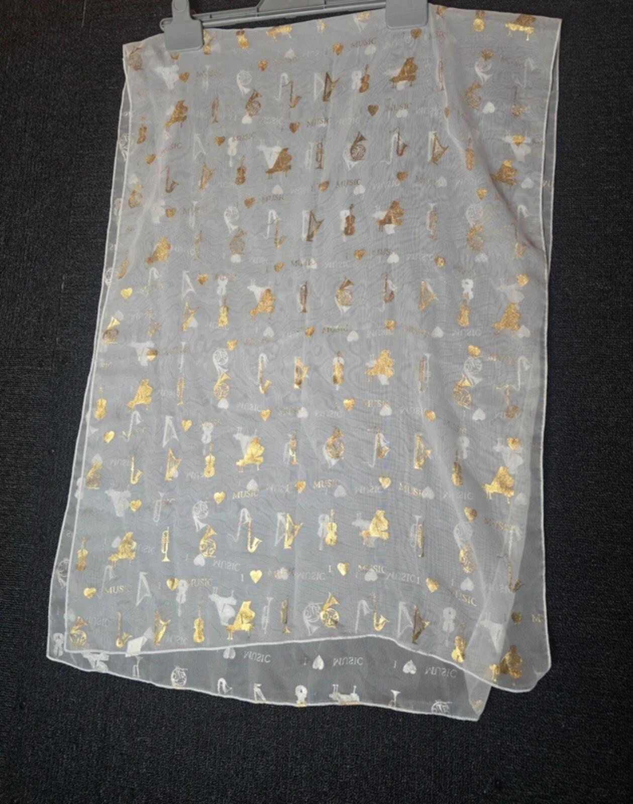 Music print white, gold & silver shawl scarf