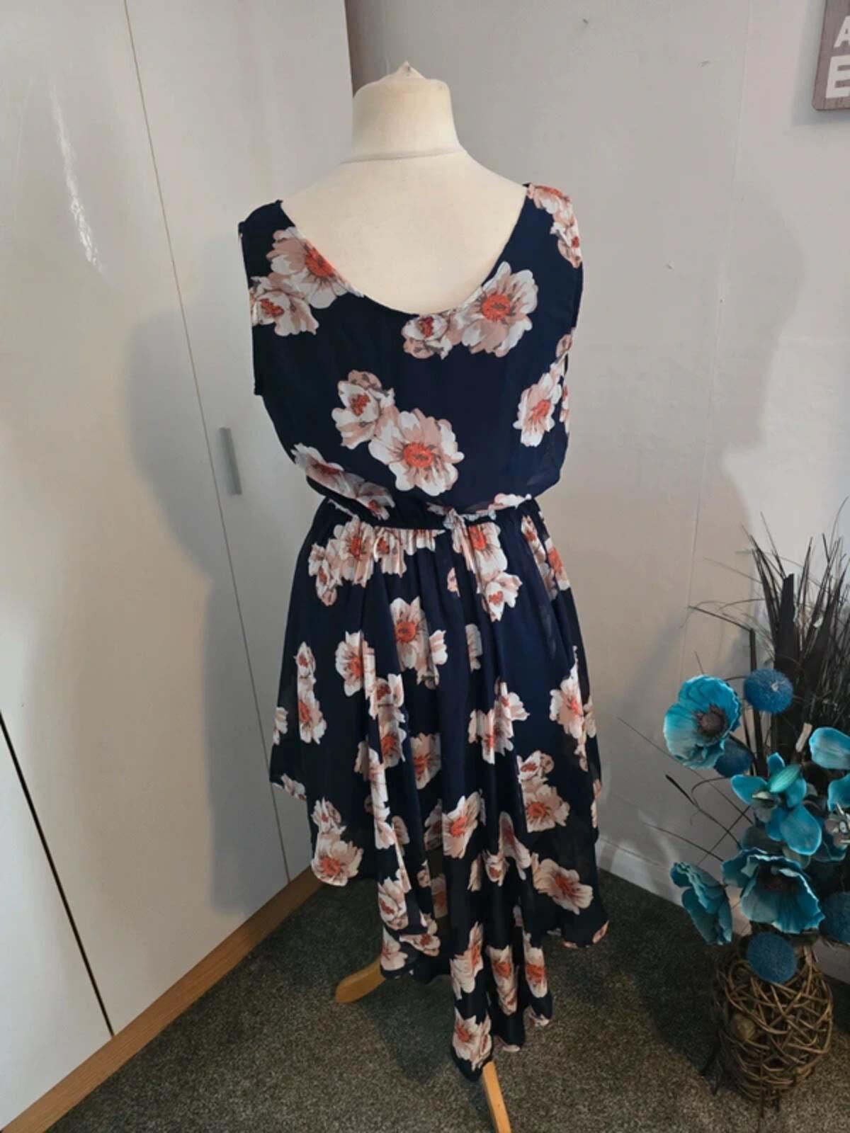 Apricot Navy Floral Asymmetric Midi Dress Size 12 Sleeveless High Low Hem