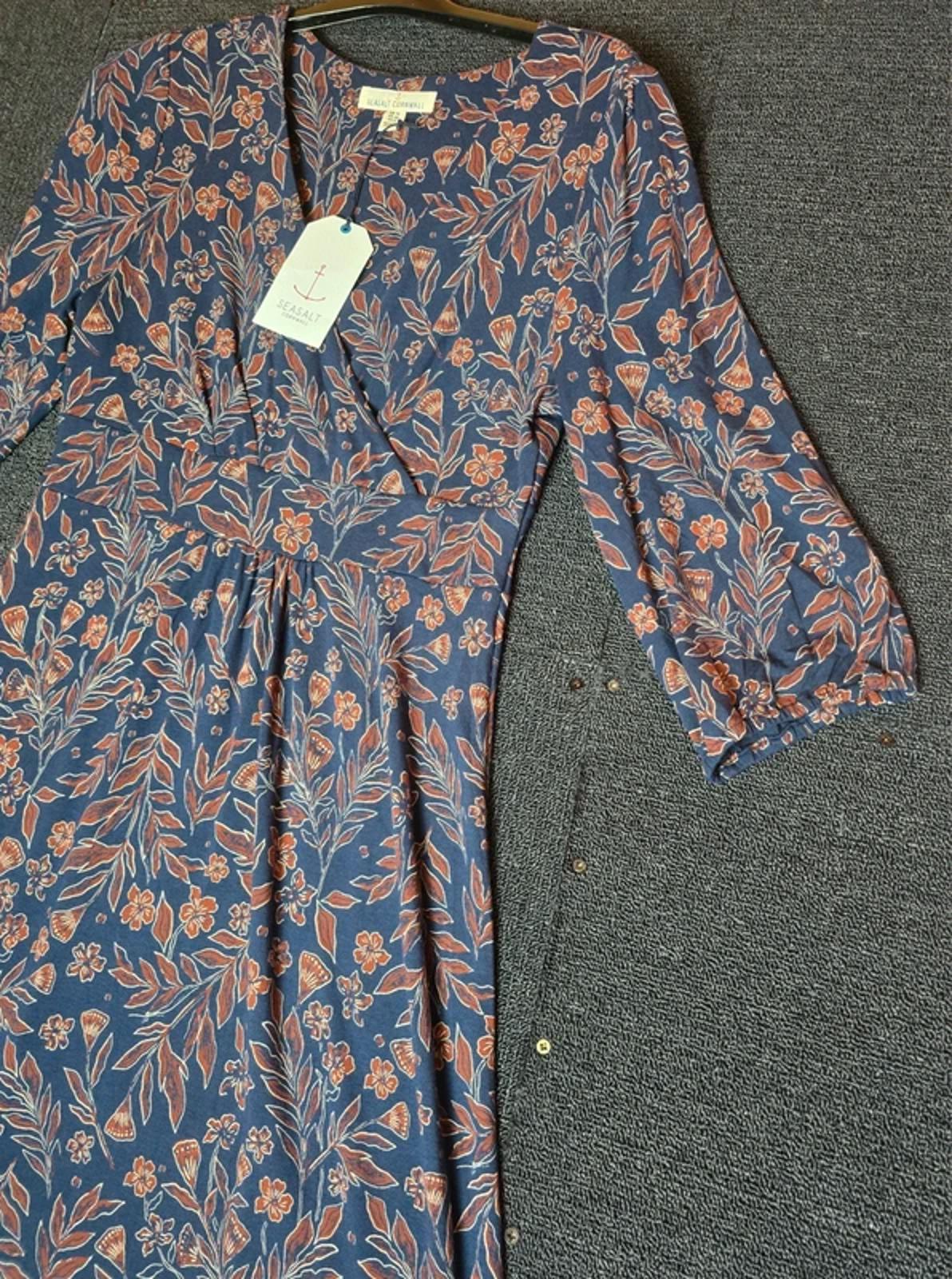 Seasalt Cornwall navy & brown floral midi dress NWT size 10