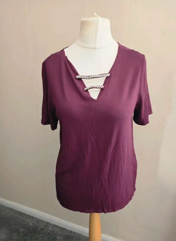 F&F Burgundy Purple Embellished V-Neck Short Sleeve Top Size 12